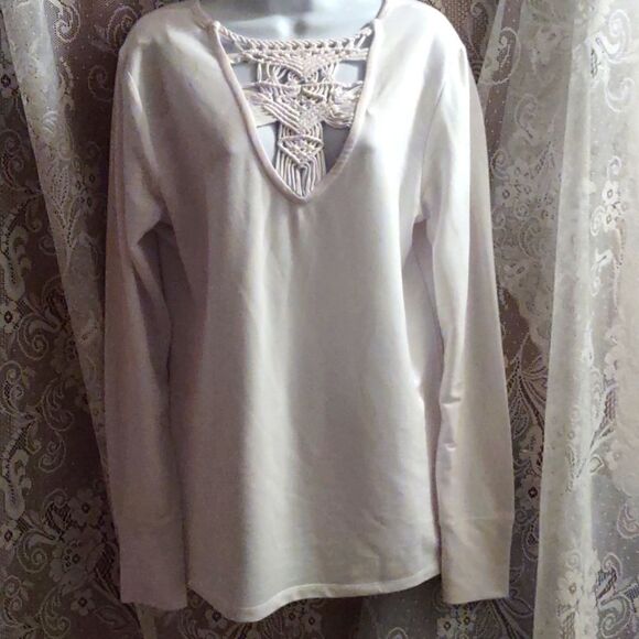 Ideology Tops - New Ideology Women's Sz L Boho Top White Long Sleeve Crocheted V-Neck Pullover